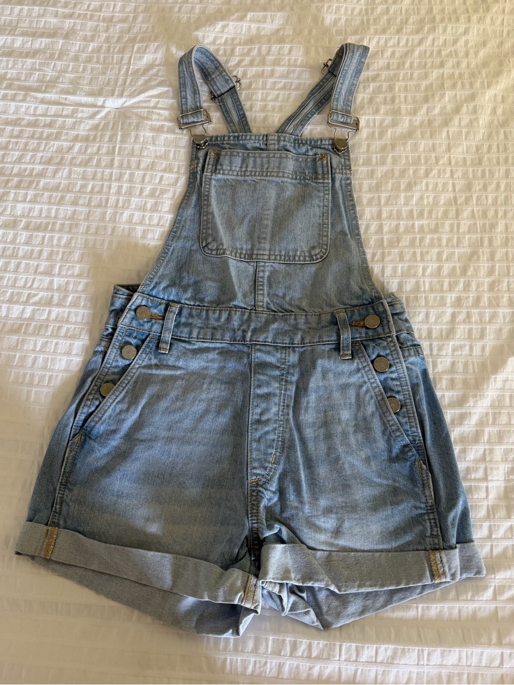 BDG Light Blue Denim Short Overalls with Adjustable Straps